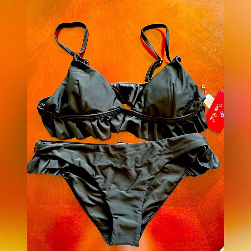 Pick Pink Black Ruffle Bikini Size Medium- New With Tags!
